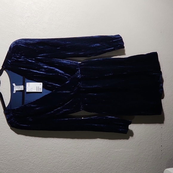 H&M Dress Womens Size 0 Blue Long sleeve New elastic waist Velvetine - Picture 1 of 9